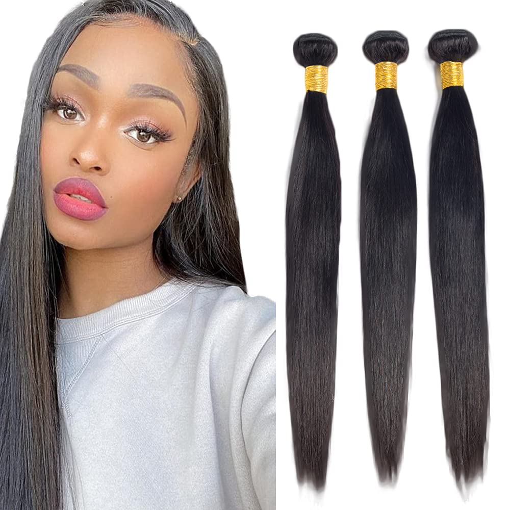 #1B Human Hair Bundles Natural Color Straight Bundles 12 14 16 Inch Balck Bundles Unprocessed Brazilian Virgin Hair 3 Bundle 50 Gram Per Bundle Deals Quick Weave Hair Extensions