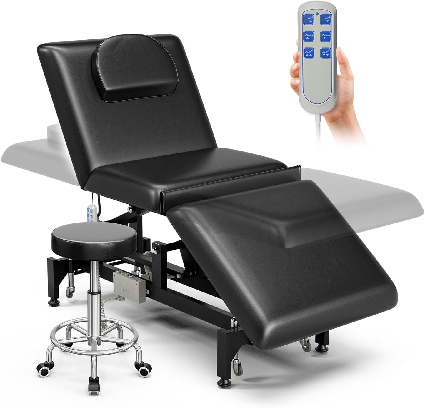 Electric Massage Table Bed - 3-Section Adjustable Therapy Table with Wheels & Stool | Black