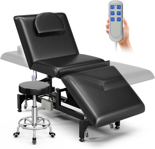 Electric Massage Table Bed - 3-Section Adjustable Therapy Table with Wheels & Stool | Black