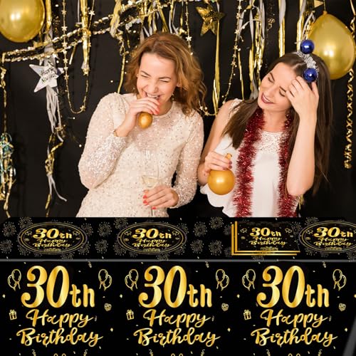 30th Birthday Party Decoration Set - Black Gold Plates, Napkins & Tablecloth