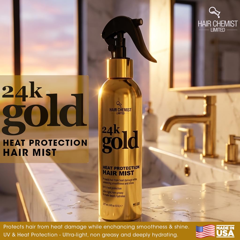 Hair Chemist 24k Gold Heat Protection Hair Mist 8 Ounce– UV & Thermal Heat Protectant Spray for Blow Drying & Flat Iron– Anti-Frizz and Shine, Lightweight, Non-Greasy Hydrating Formula– All Hair Types