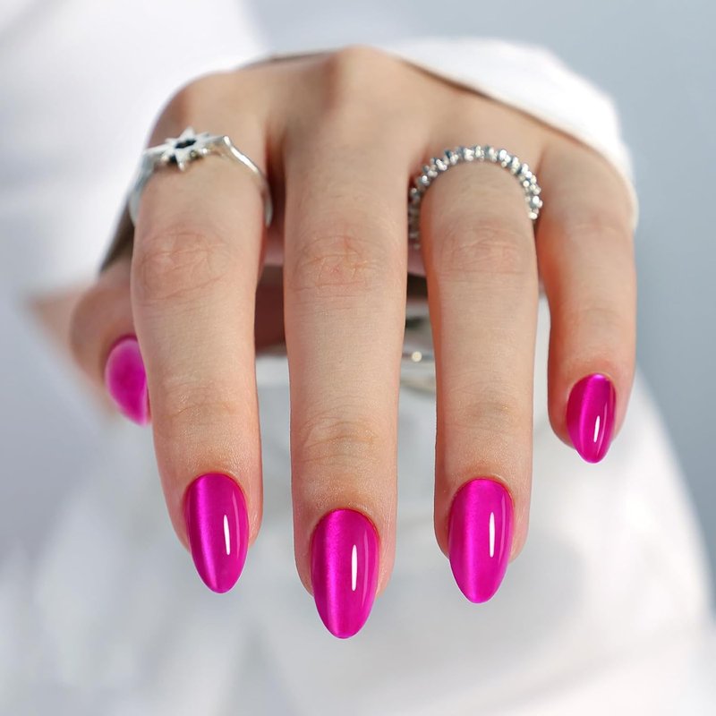 Almond Cat Eye Press-On Nails - Hot Pink Soft Gel | 32 Pcs Reusable Fuchsia Stick-On Nails, 16 Sizes Available