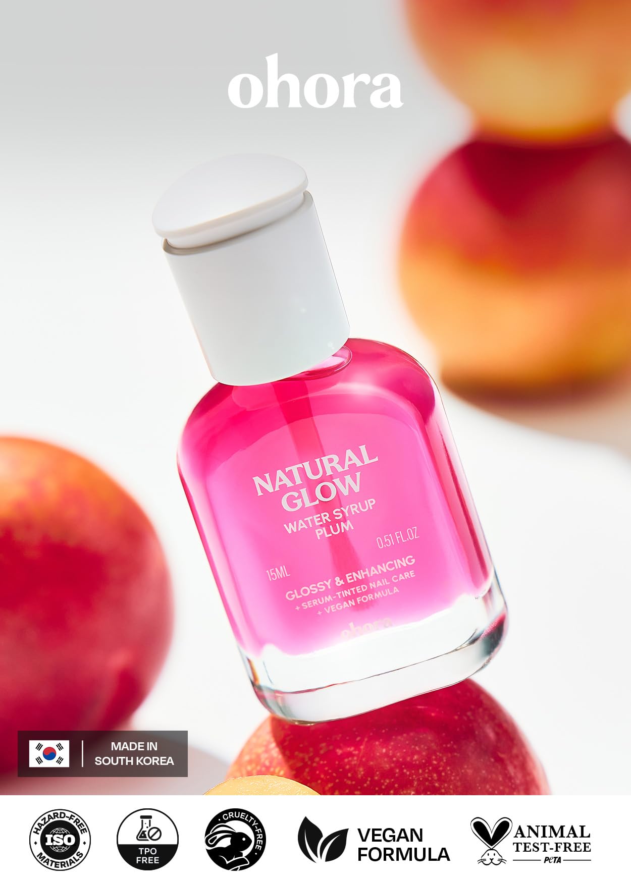 ohora Natural Glow Water Syrup Nail Strengthener (Plum) - Tinted Nail Hardener for Brittle, Damaged Nails, Quick-Dry Glossy Finish, Nail Repair & Growth, 15 mL
