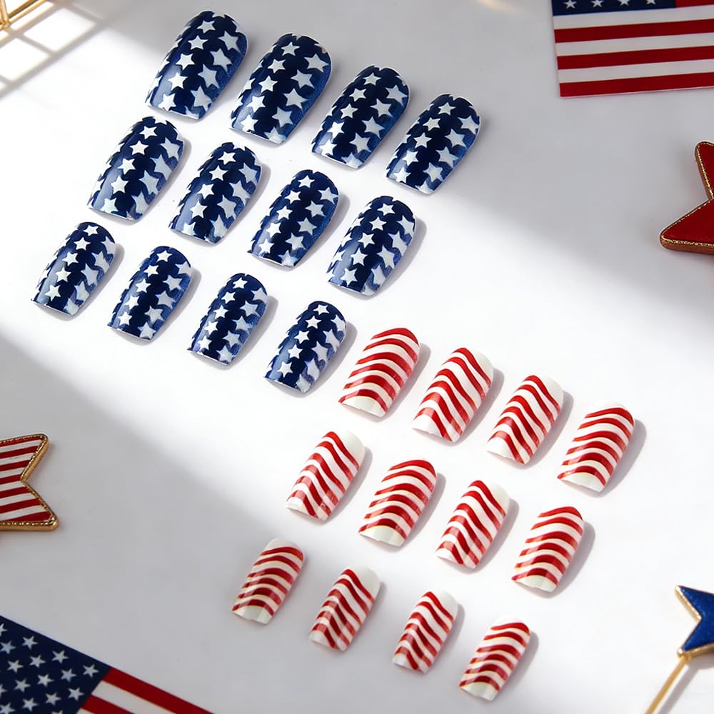 24Pcs 4th of July Press on Nails Medium Square Fake Nails with Star Designs Patriotic Glossy False Nail Fourth of July Nails - 4th of July Nails for Women Girls