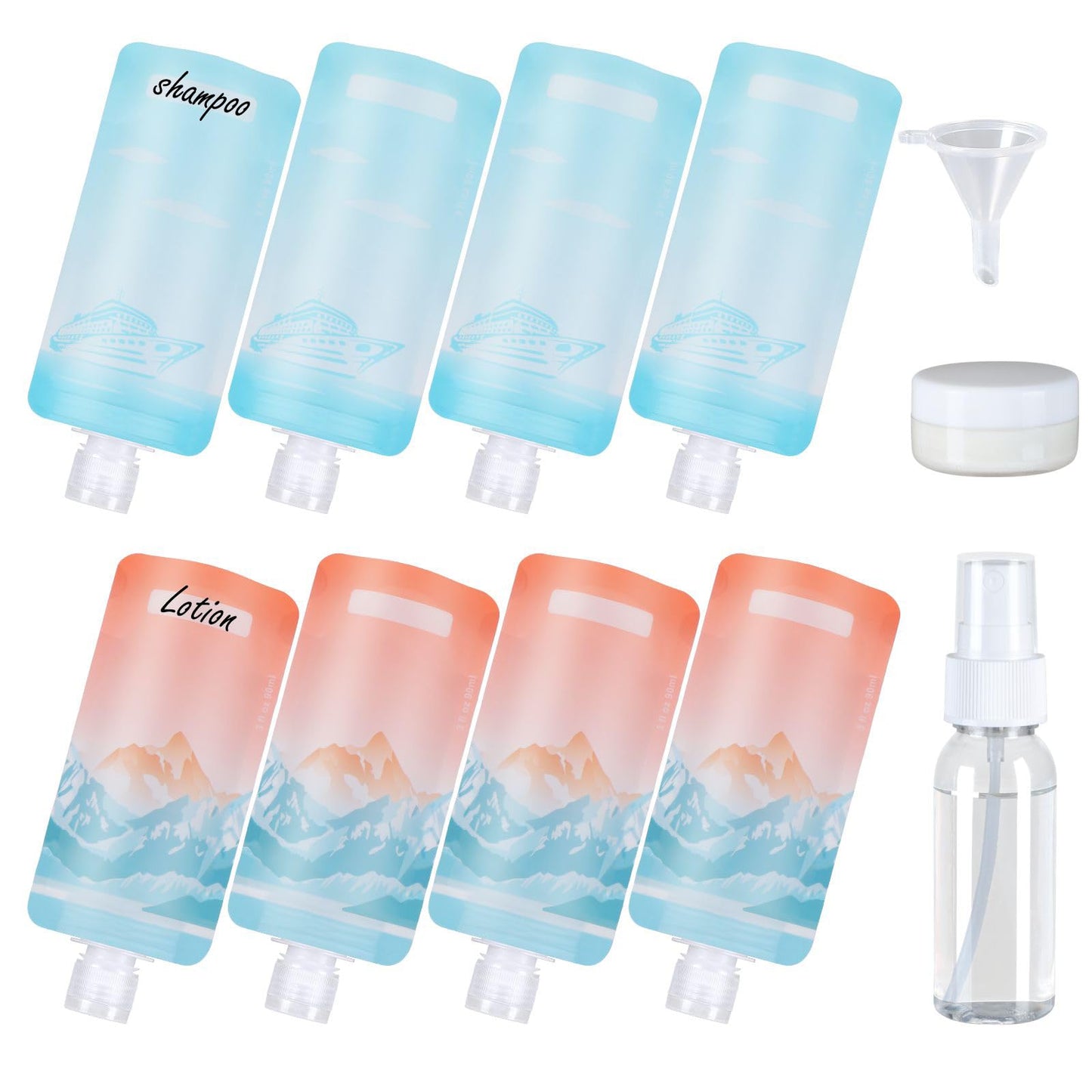 PACKISM 11 Pack Travel Pouches for Toiletries, 90ml 3 oz TSA Approved Liquid Containers, Leak Flat Squeeze Bags for Cruise & Camping, Space Saving Refillable Carriers, Active Mountain Cruise Ship