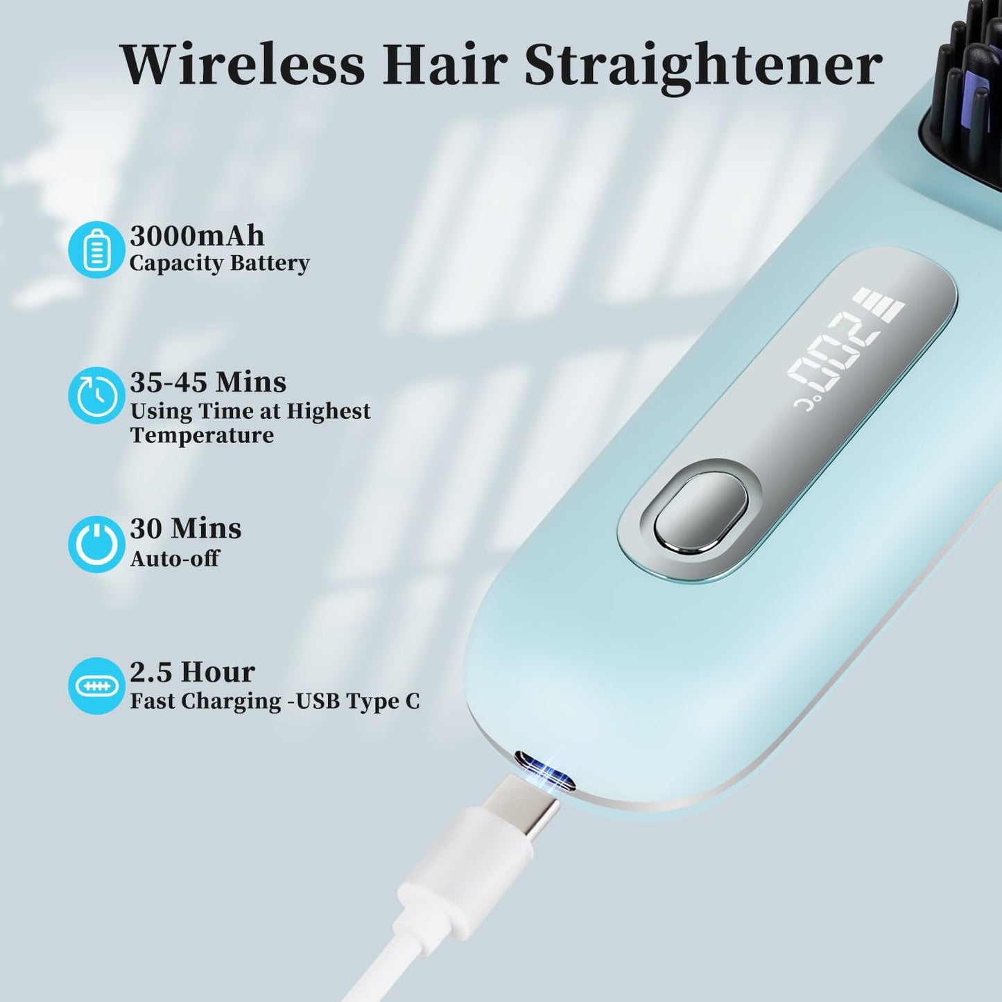 Go Brush Pro Cordless Straight Hair Brush - Portable Scald-Proof Mini Comb with 3 Temperature Settings & LED Display | Light Blue