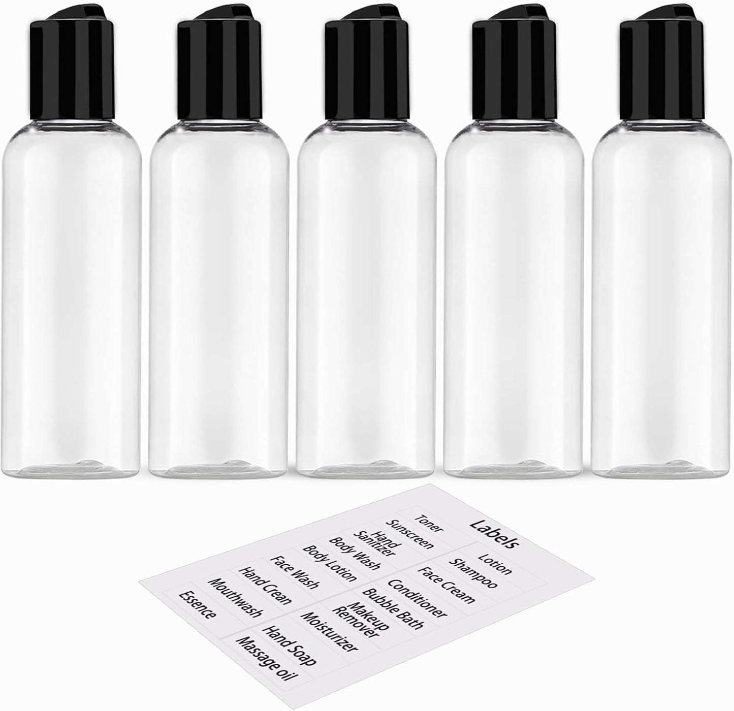Travel Bottles for Toiletries - 5 Pack TSA Approved Leakproof 3.4 oz Plastic Containers with Labels