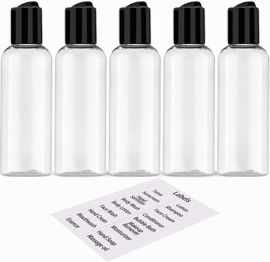 Travel Bottles for Toiletries - 5 Pack TSA Approved Leakproof 3.4 oz Plastic Containers with Labels