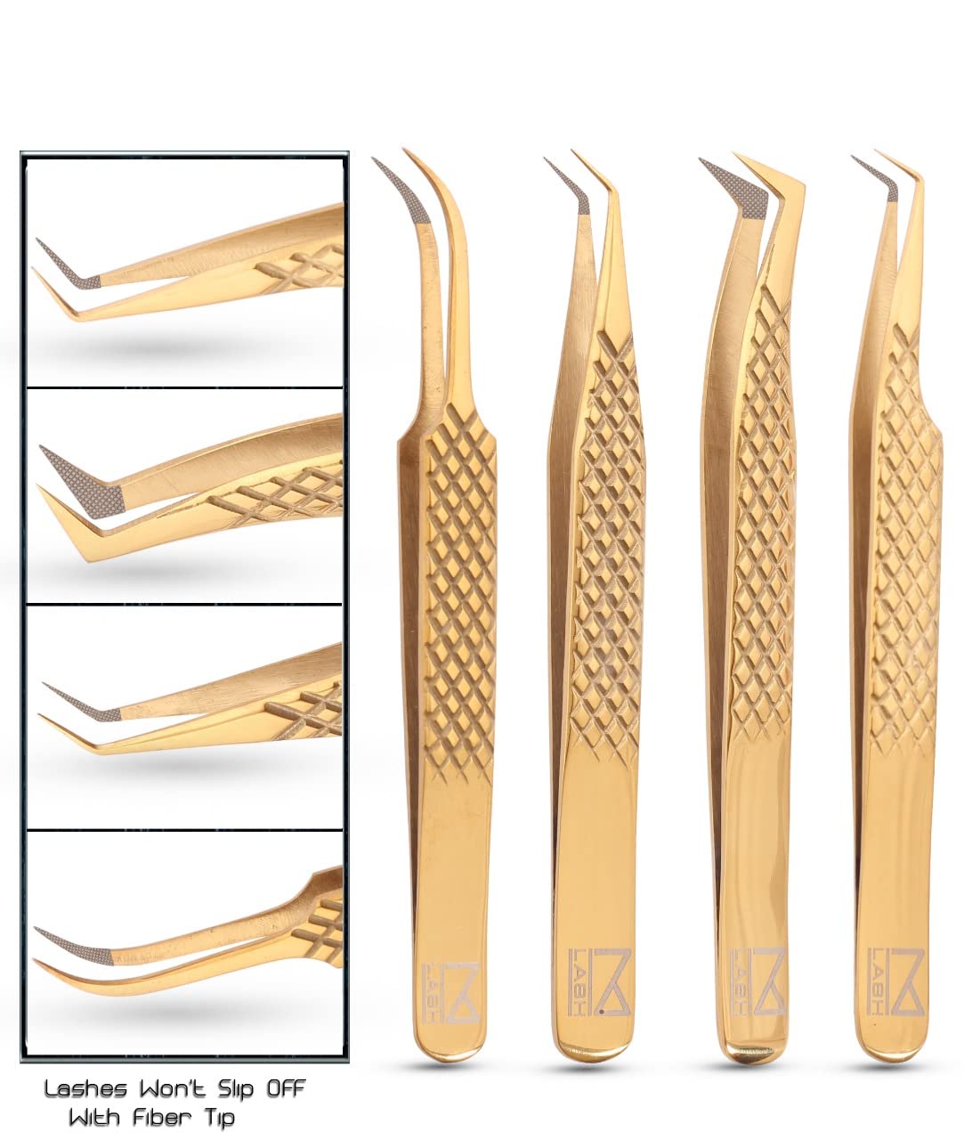 M LASH Tweezers for Eyelash Extensions (Set of 4) - Professional Lash Extension Tweezers - Fiber Tip, Japanese Steel, Diamond Grip Eyelash Extension Tweezer (Blue)