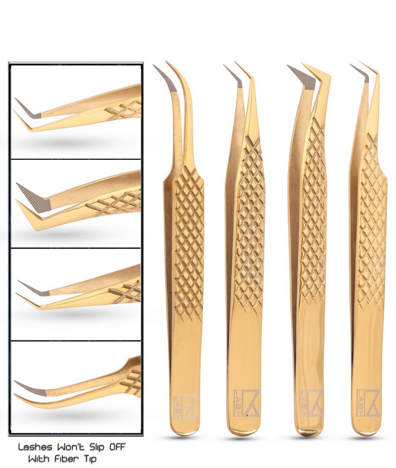 M LASH Tweezers for Eyelash Extensions (Set of 4) - Professional Lash Extension Tweezers - Fiber Tip, Japanese Steel, Diamond Grip Eyelash Extension Tweezer set (Digital Lavender)
