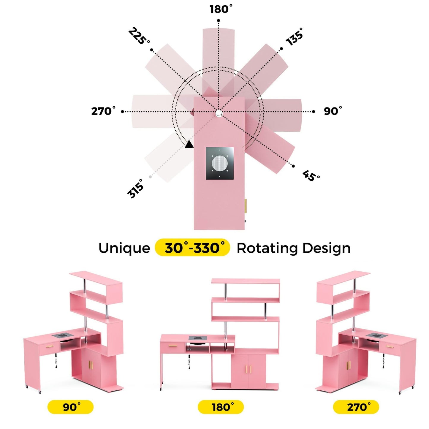 Kikihouse Manicure Table Nail Desk with Stool, L-Shaped Nail Tech Desk with Dust Collector, Two-Way Drawer, Cabinet & Storage Shelves, Rotating Reversible Manicure Workstation on Wheels (Pink)