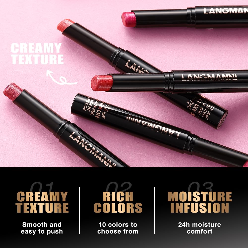 Shimmer Lipstick Set - 10 Colors with Fine Glitter | Long-Wearing & Moisturizing Shades for Daily Wear