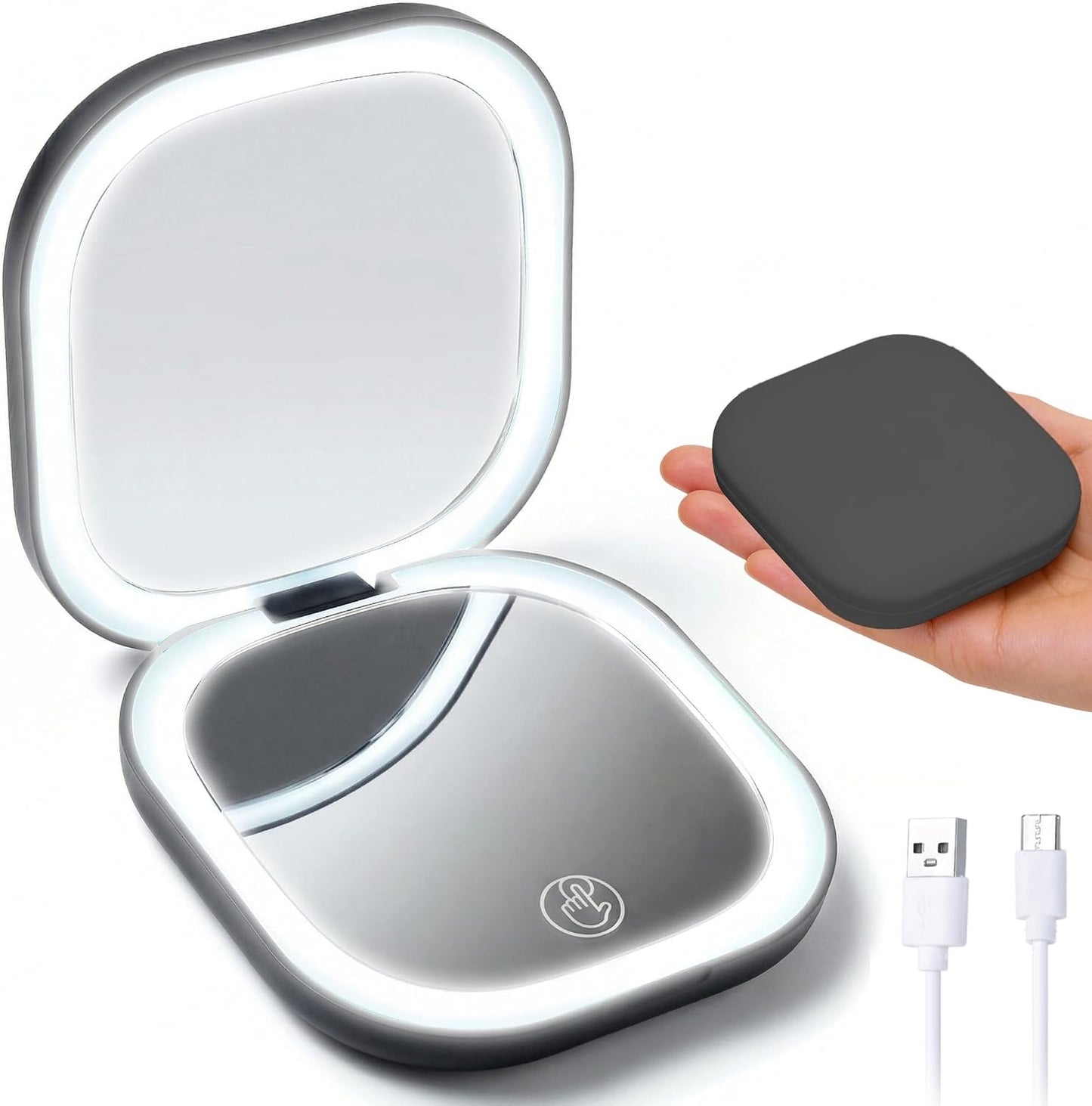 Portable Makeup Mirror - 1X/5X LED Lighted Magnifying Mirror | Compact USB Rechargeable Travel Size in White