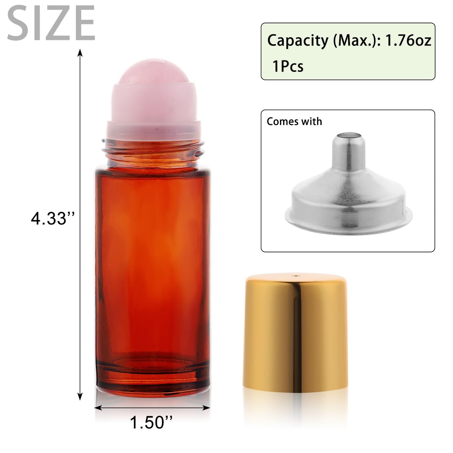 RAMFIYN 1.7oz Large Amber Glass Roll on Bottles for Essential Oils Perfume Refillable Roller Ball Applicator Empty Deodorant Containers with Pink Crystal Rollerball
