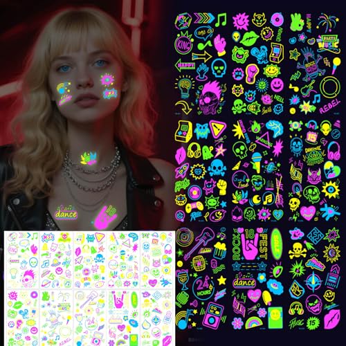 Glow in the Dark Temporary Tattoos - 10 Sheets UV Reactive Neon Designs