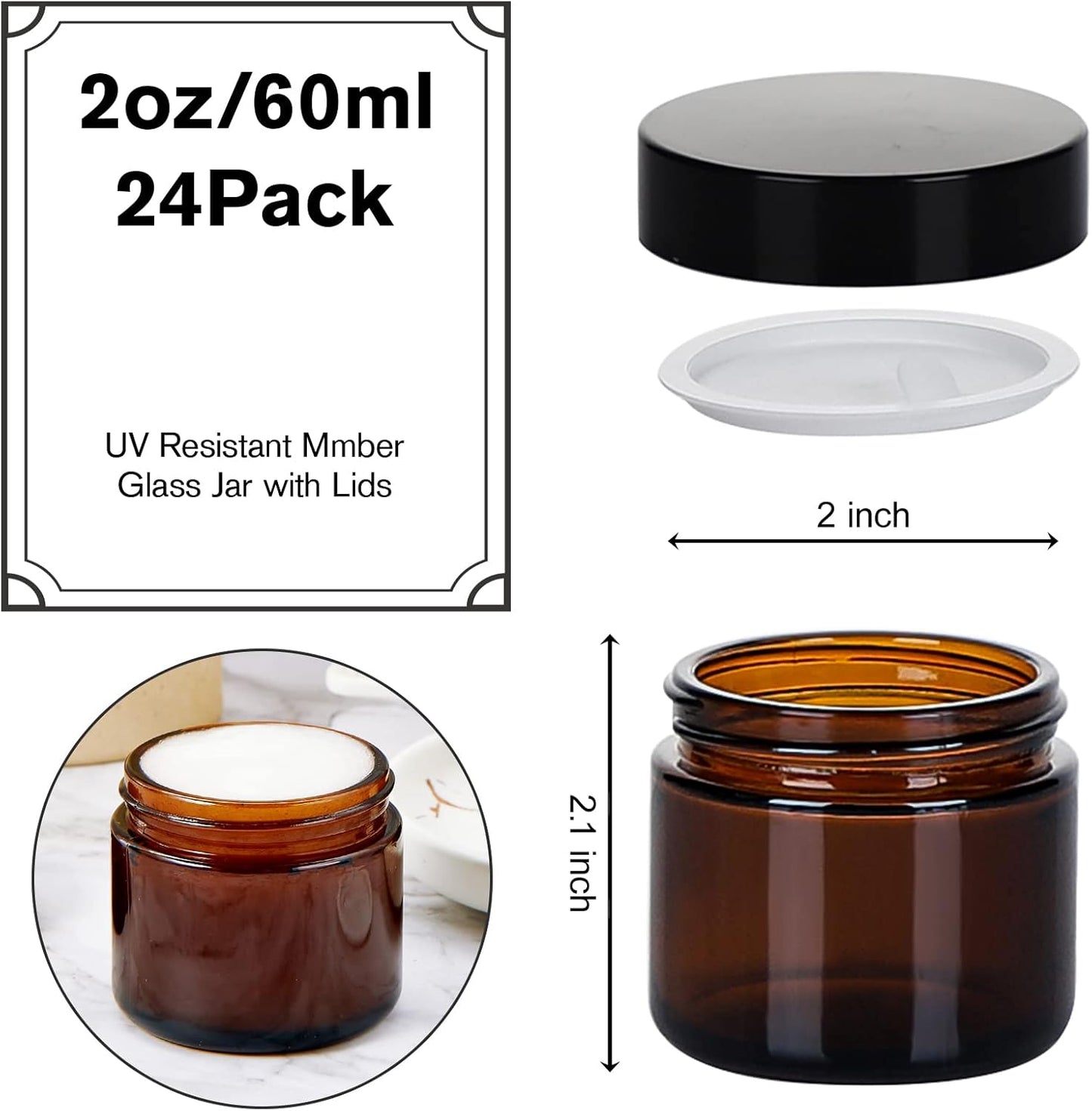 Amber Glass Jars - 24 Pack 2oz Airtight Cosmetic Containers | Round with Black Lids for Lotions & Powders