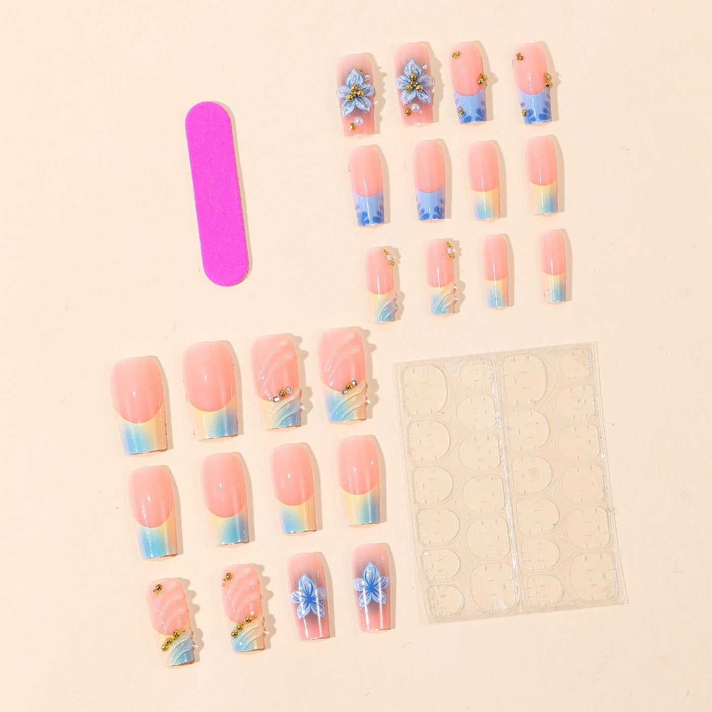 Blue French Tip Press On Nails Medium Square Fake Nails with Gold Pearl & Rhinestones Designs 3D Flower Artificial Nails Full Cover Reusable Glue On Nails Summer Acrylic False Nails for Women 24Pcs