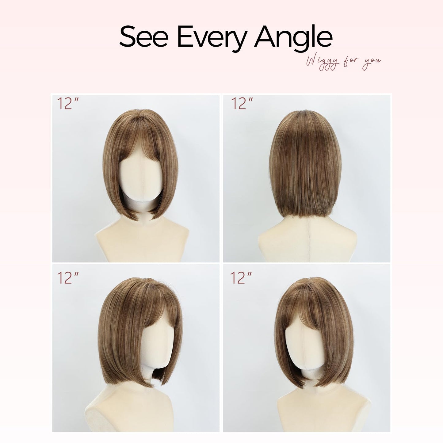 WIGYY Honey Brown Short Bob Wig with Bangs for White Women – 12 Inch Straight Lace Front Synthetic Wig, Glueless Heat-Resistant Protein Fiber, Realistic Lightweight Daily Party Wear