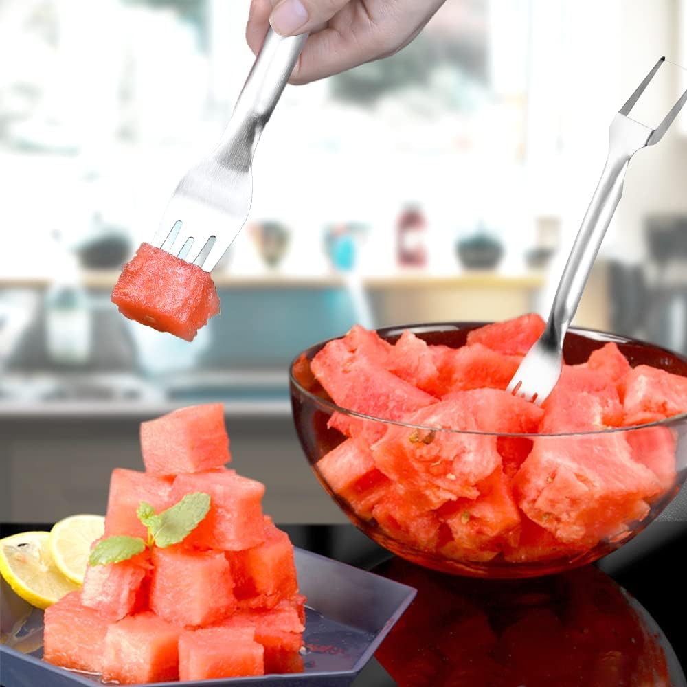 2-in-1 Stainless Steel Fruit Cutter, 2026 New Watermelon Fork Slicer Cutter Slicer Tool, Dual Head Fruit Forks Slicers Knife for Home Parties Camping (2Pcs)