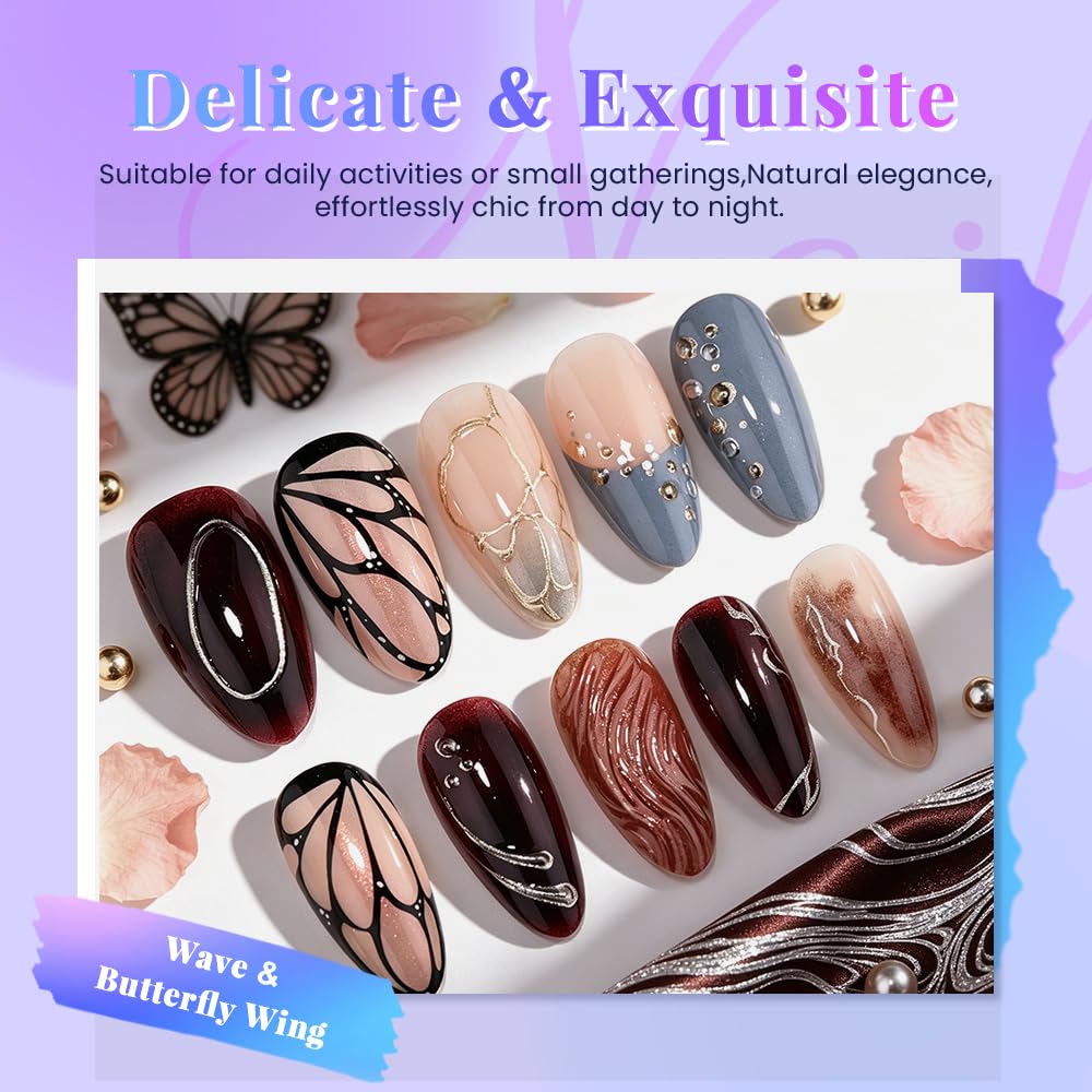 3D Butterfly Wings Press On Nails - Blue & Brown Almond Shape | Reusable Acrylic with Gold Line Pearl Designs