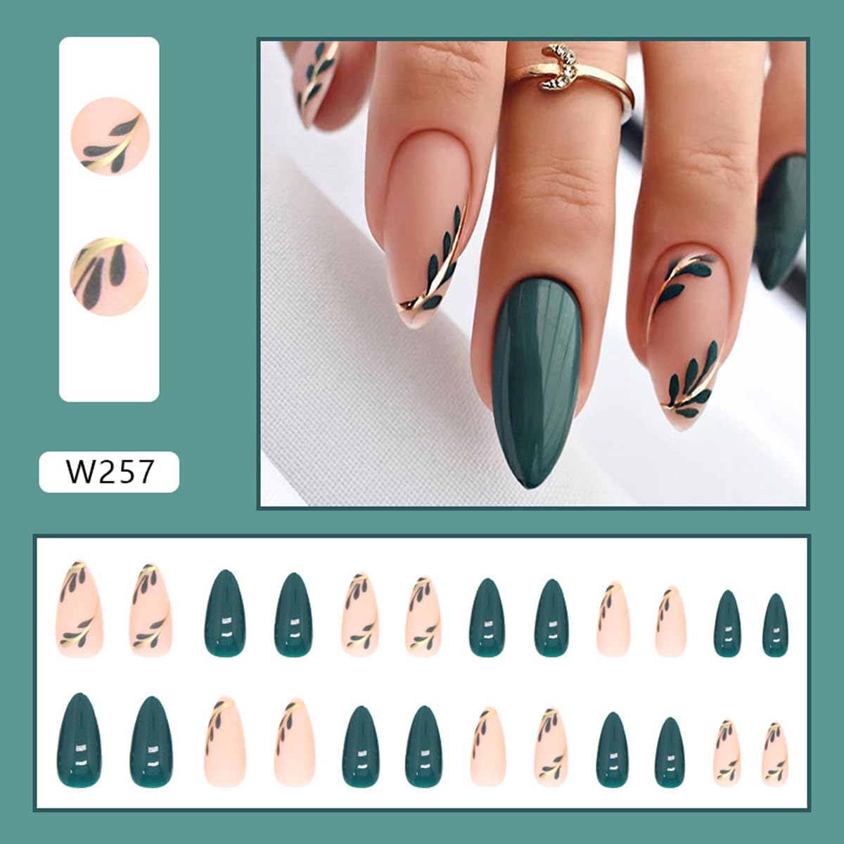 Almond Press-On Nails - Leaf Design Green Full Cover Glossy | 24PCS Manicure Set