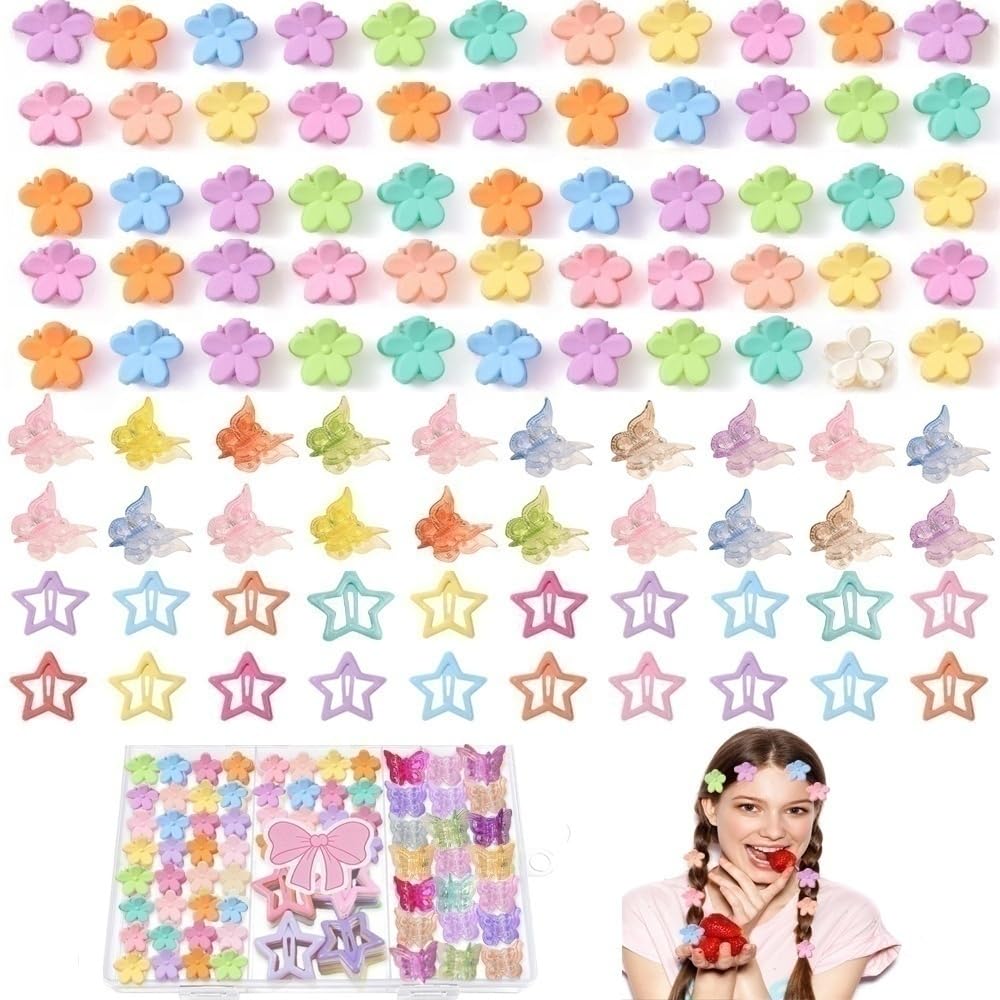 Colorful Mini Hair Clips - 120 Pcs Matte Claw Clips | Star, Flower & Butterfly Designs for Girls & Women