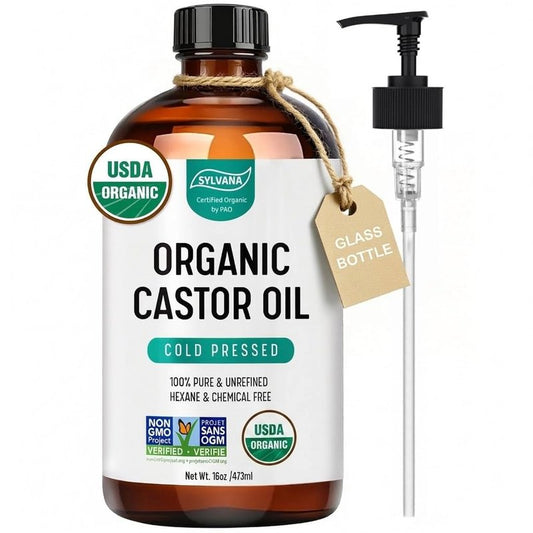 SYLVANA Organic Castor Oil with Pump (16oz Glass Bottle), USDA Certified Organic, Cold Pressed, Hexane Free, Vegan - 100% Pure Castor Oil for Hair Growth, Nourishing Skin, Lashes & Eyebrows