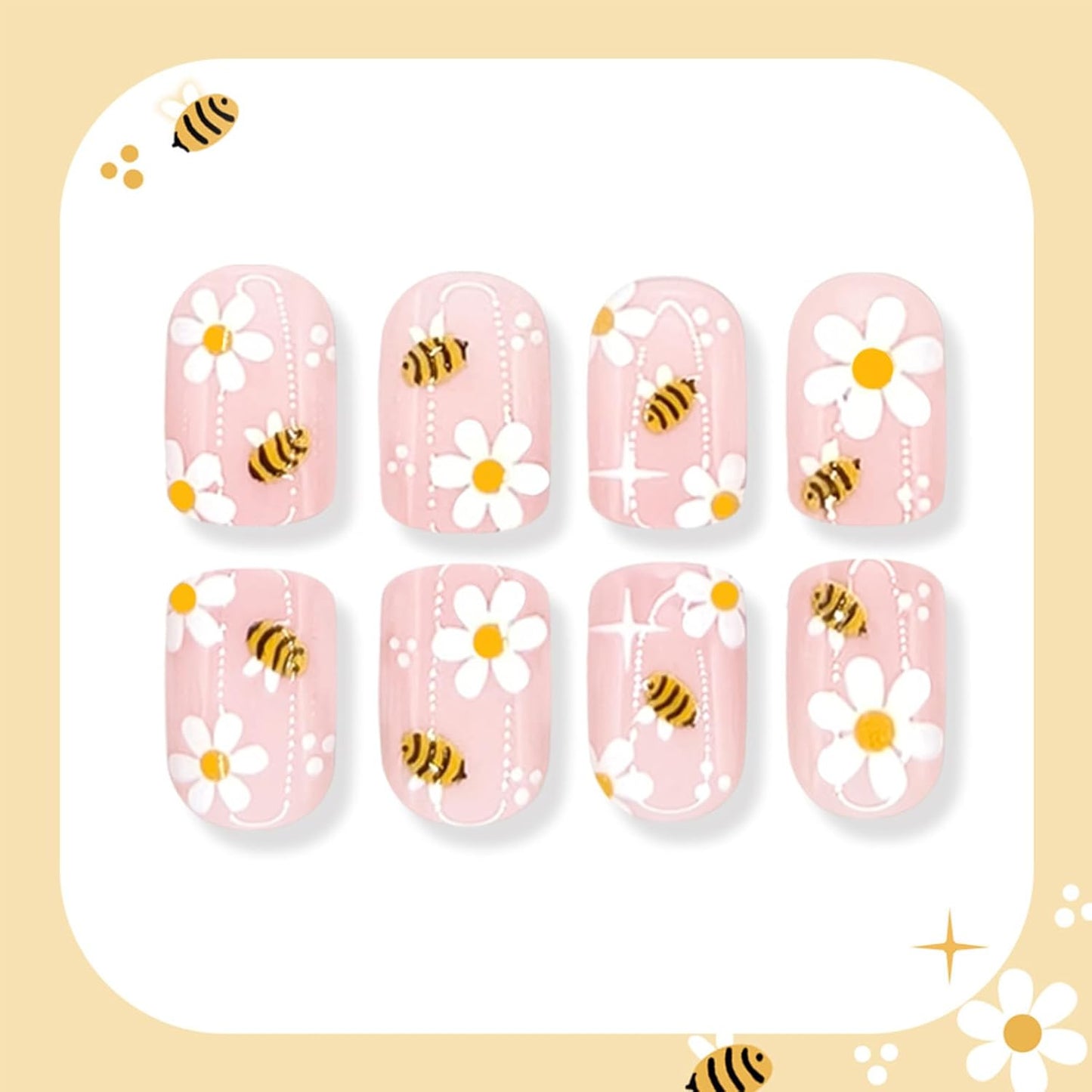 Press On Nails - Short Square Floral Design | 24 Pcs Glossy Bee & Flower Patterns for Spring & Summer