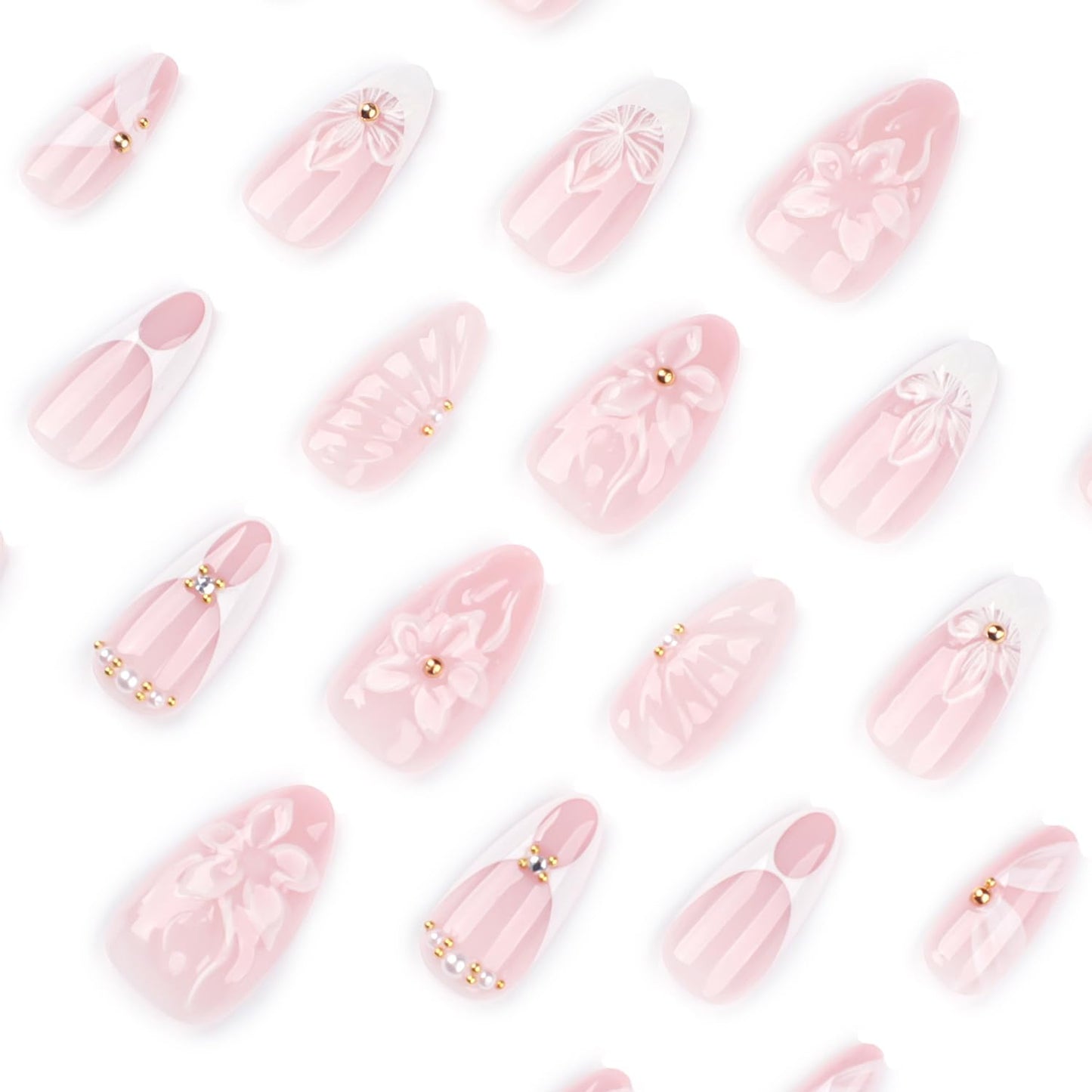 24Pcs White French Tip Press on Nails Medium Almond Fake Nails with Seashell Designs 3D Flower Acrylic Nails Gold Rhinestones Stick on Nail Summer False Nail Cute Ribbon Glue on Nails for Women