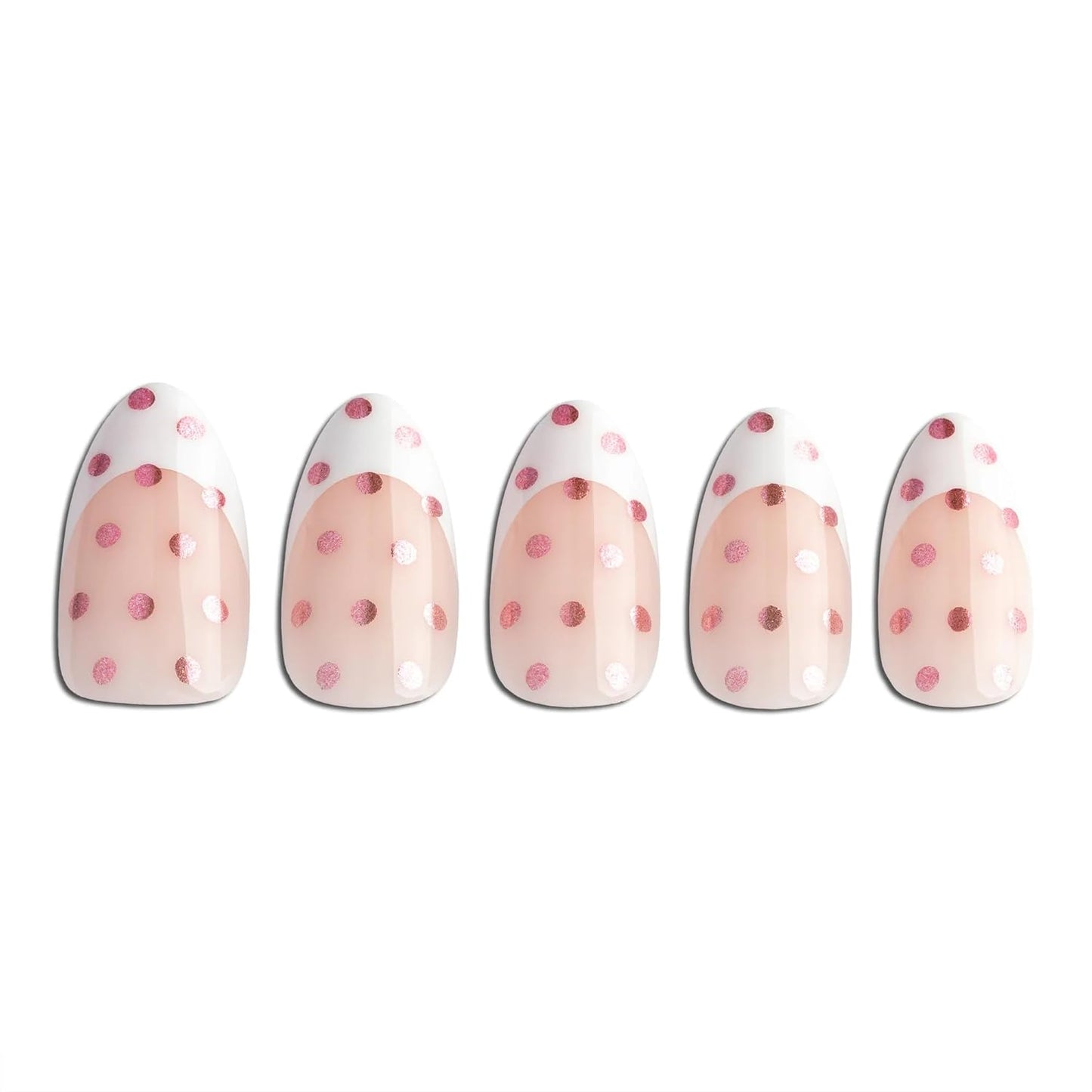 Press On Nails - Chrome Pink Polka Dot French Tip | Short Almond, 30 Nails in 15 Sizes with Glue, Reusable Salon Quality