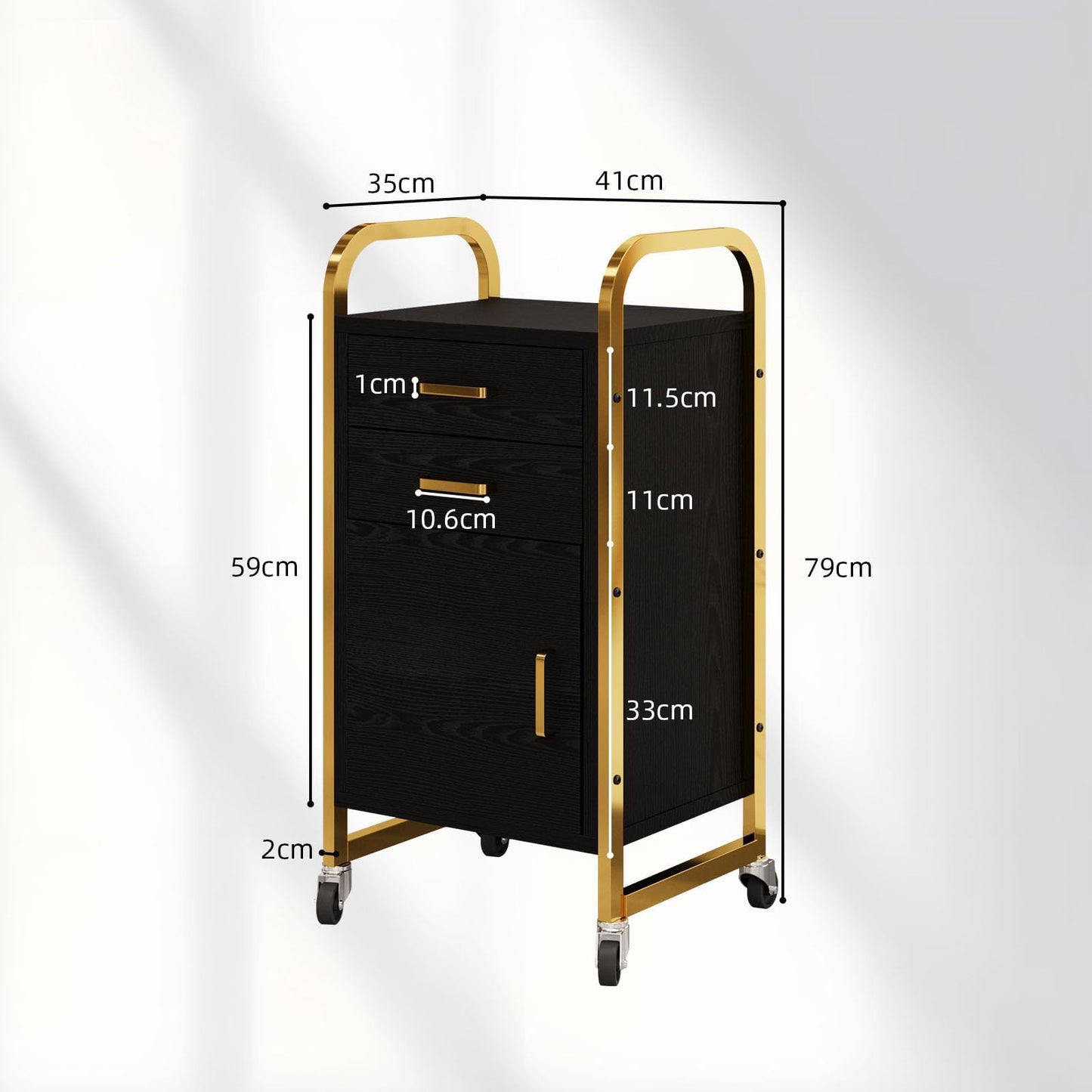 Salon Station for Hair Stylist, Rolling Salon Trolley Cart with Wheels, Beauty Barber Station with 2 Drawer & Cabinet, Mobile Storage Cabinet for Barbershop, Spa&Tattoo, Black and Gold