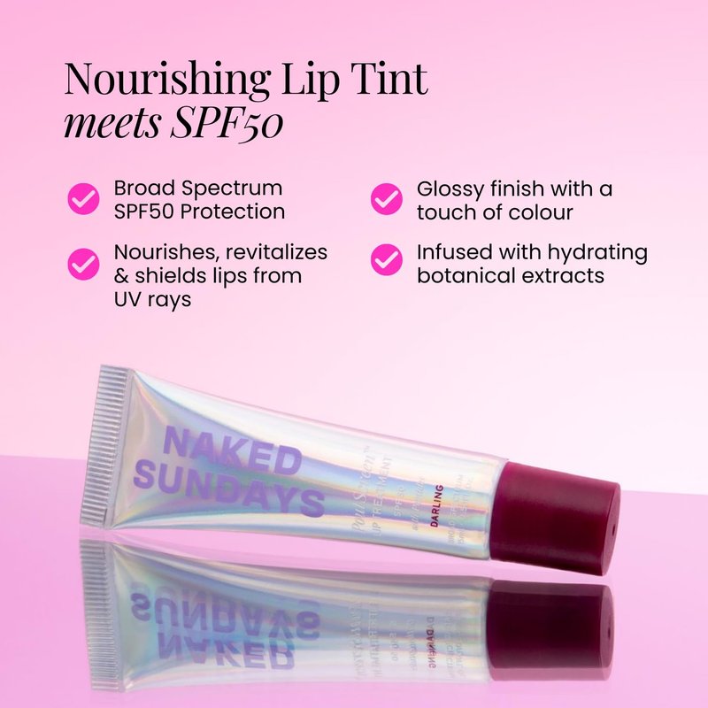 Naked Sundays SPF 50 Tinted Lip Treatment - Hydrating Vegan Lip Balm with Peptides & High-Gloss Finish | 15ml (Darling)