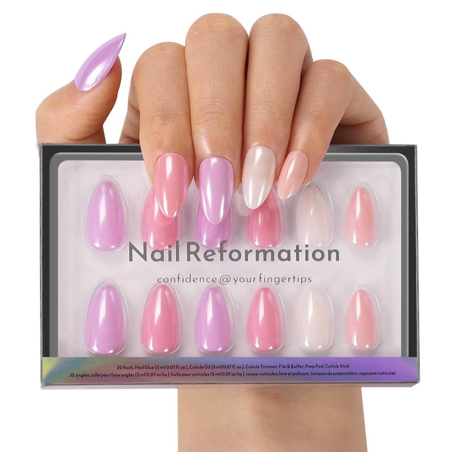 Press On Nails - Strawberry Seed Milky Pink Almond Fake Nails with Red Polka Dot French Tip | Glossy Reusable 32 Pcs in 16 Sizes - Perfect Manicure Gifts for Women