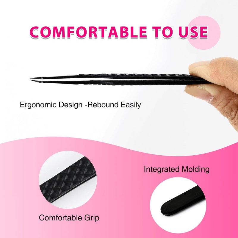 TDANCE Lash Tweezers for Eyelash Extensions, Diamond Grip 90 Degree Fiber Tip Lash Tweezers, Stainless Steel Lash Extension Tweezers(Black-01)