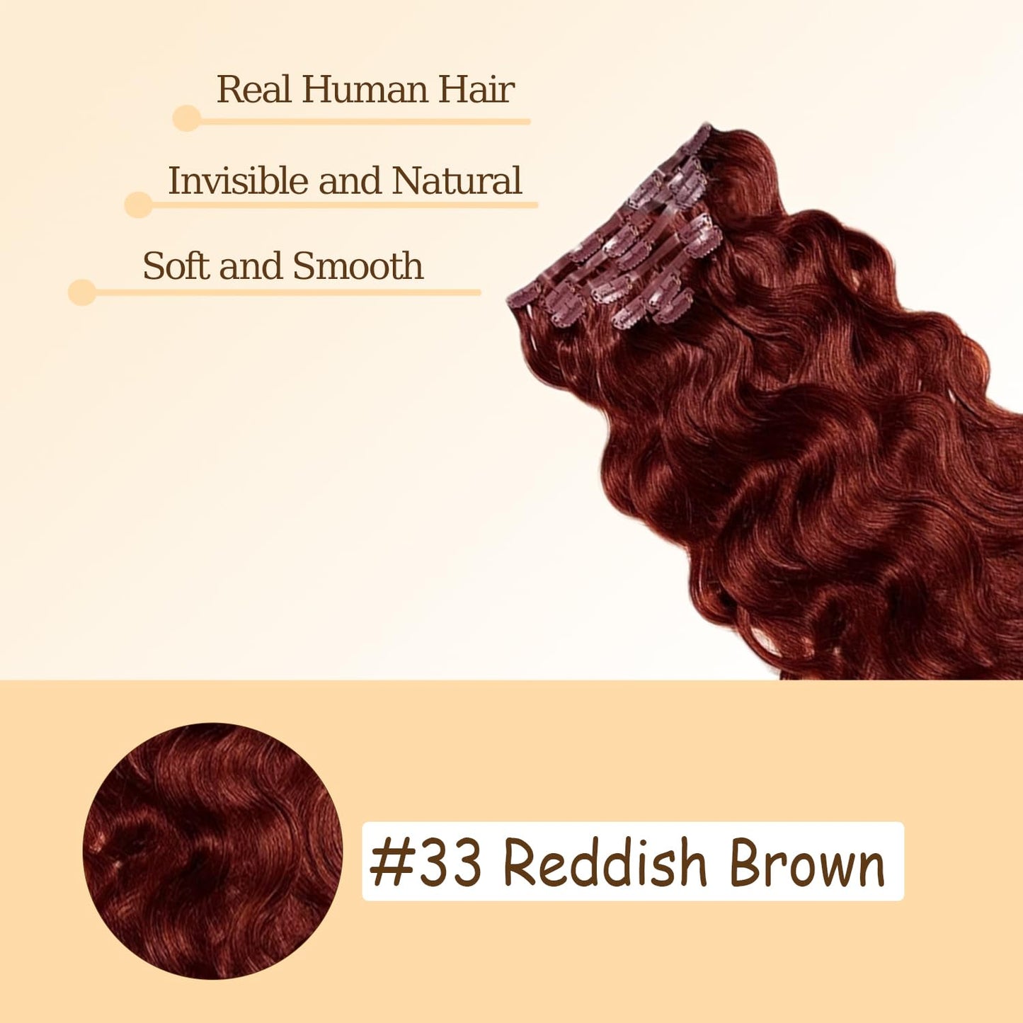 #33 Reddish Brown Clip in Hair Extensions Real Human Hair, 32 Inch 120g/7Pcs,Full Shine Remy Human Hair,Copper Red Long Wave Clip ins Brazilian Virgin Human Hair Extensions