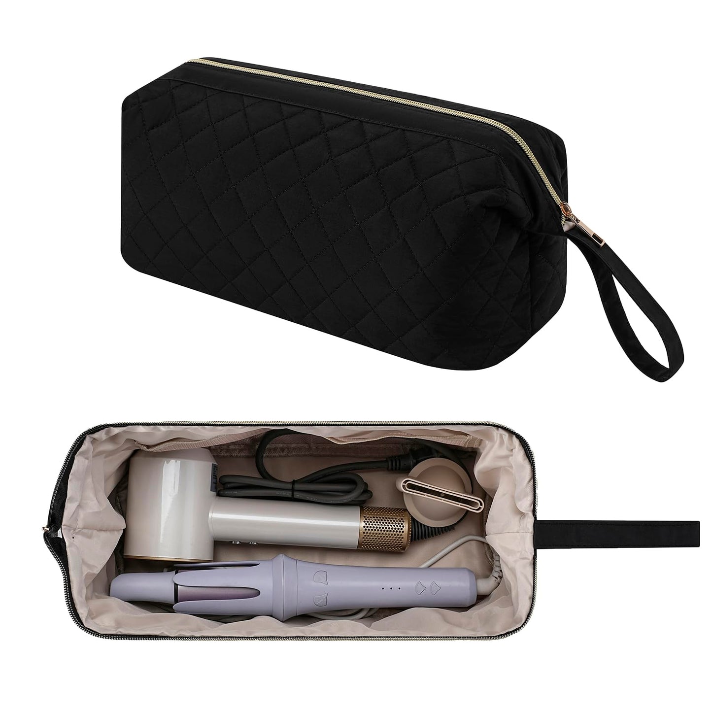 Lestikave Large QuiltedHair Tools Travel Bag, Water-resistant Hair Styling Accessories Storage Case for Flat Irons,Straightener,Curling Iron,Hair Dryer and Attachments, Cute Portable Organizer(Black)