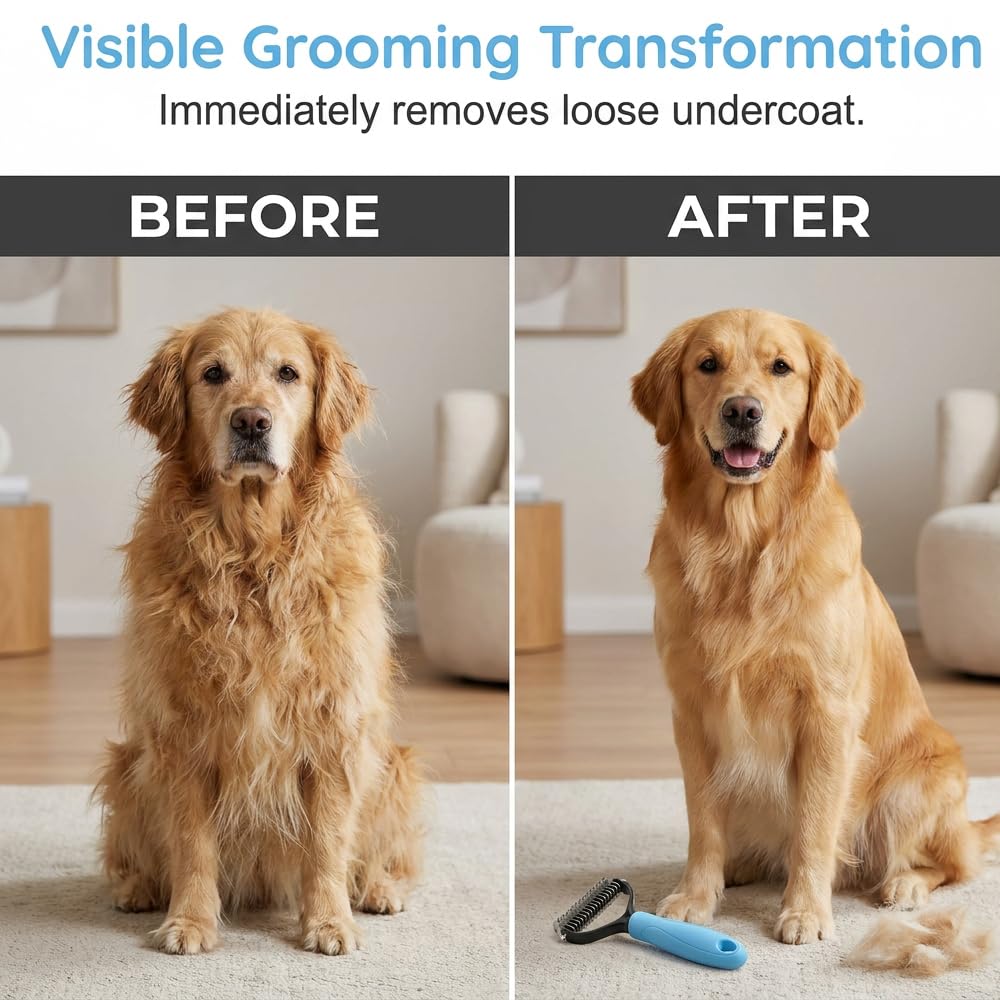 Pet Pro Grooming Tool, 2026 New Double-Sided Pet Grooming Brush, Multi-Functional Pet Brush, Portable Shedding Rake for Home Use, Professional Groomers (Blue, Medium)