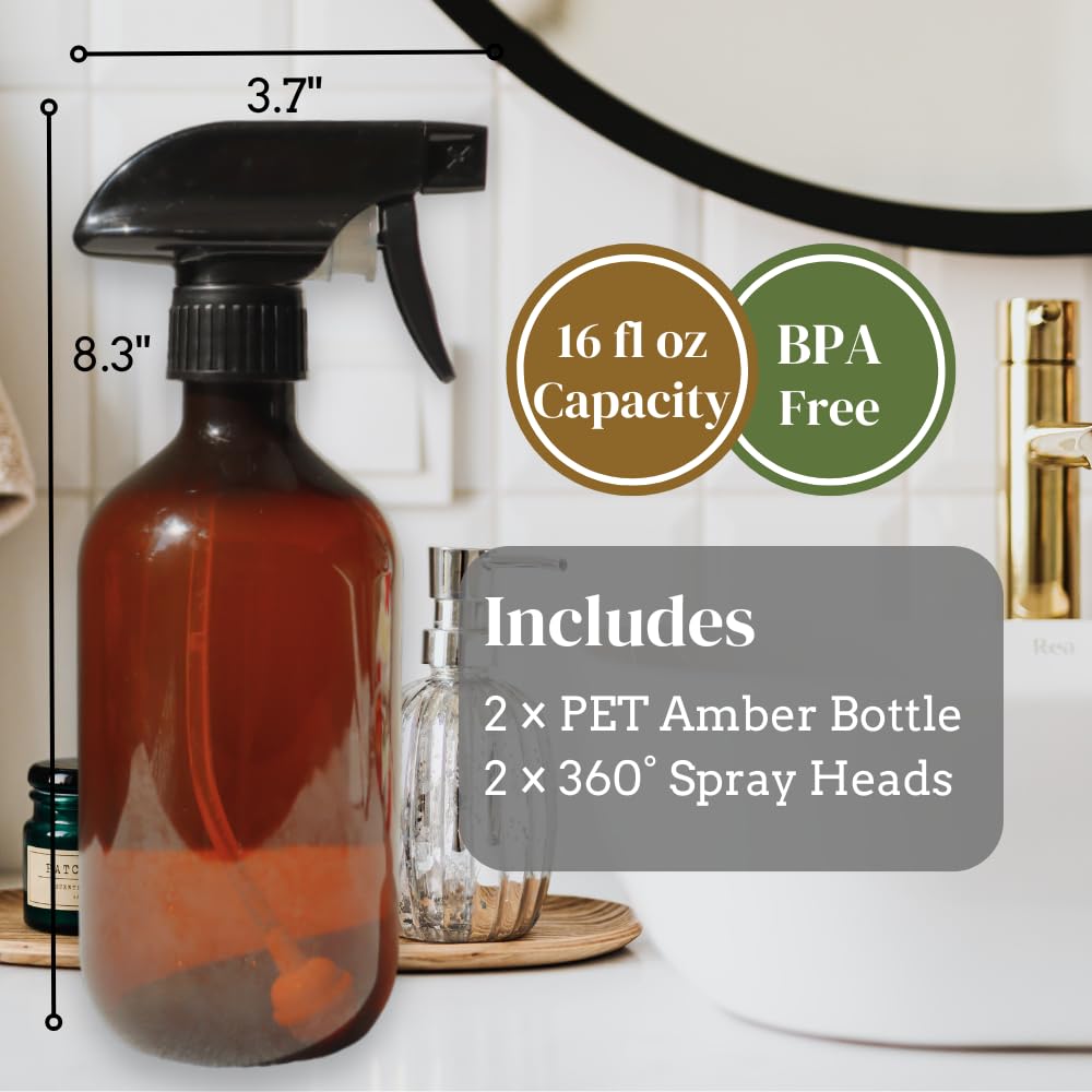 The Green Alcove 360° Heavy Duty Spray Bottle 32oz (2 Pack) | Upside Down Spray Bottles | All Purpose Plastic Amber Spray Bottles