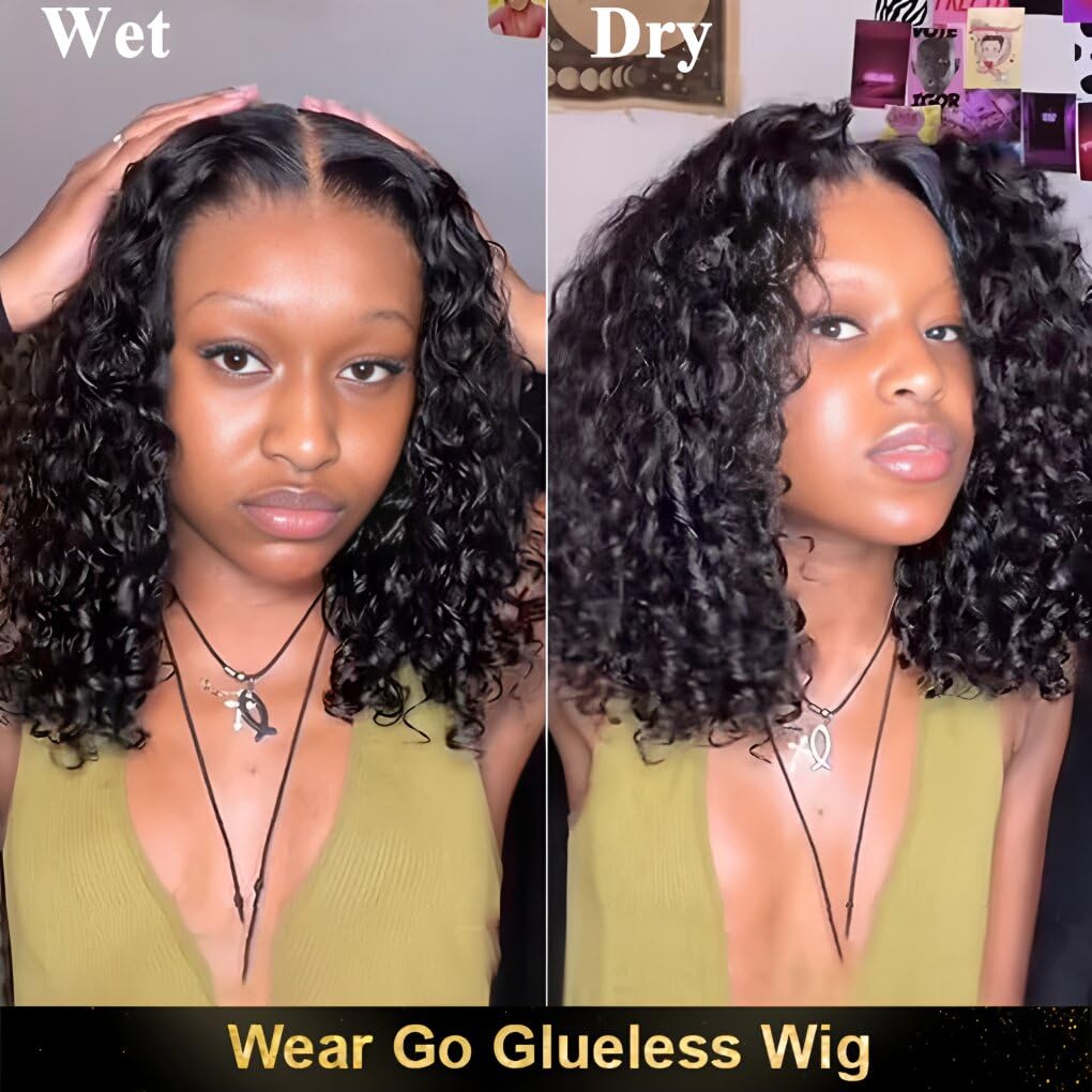ISEE Glueless Bob Wigs Human Hair Pre Plucked Pre Cut Water Wave Human Hair Wig for Black Women 5x7 HD Lace Closure Wigs 180% Density (Black, 14 Inch)