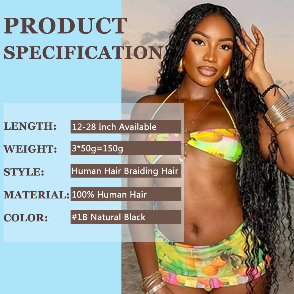 20 20 20 Inch Bulk Human Hair for Braiding Deep Wave 1B Natural Black Color Human Braiding Hair Extensions for Boho Braids Deep Wave Virgin Curly Bulk 3 Bundles Total 150g