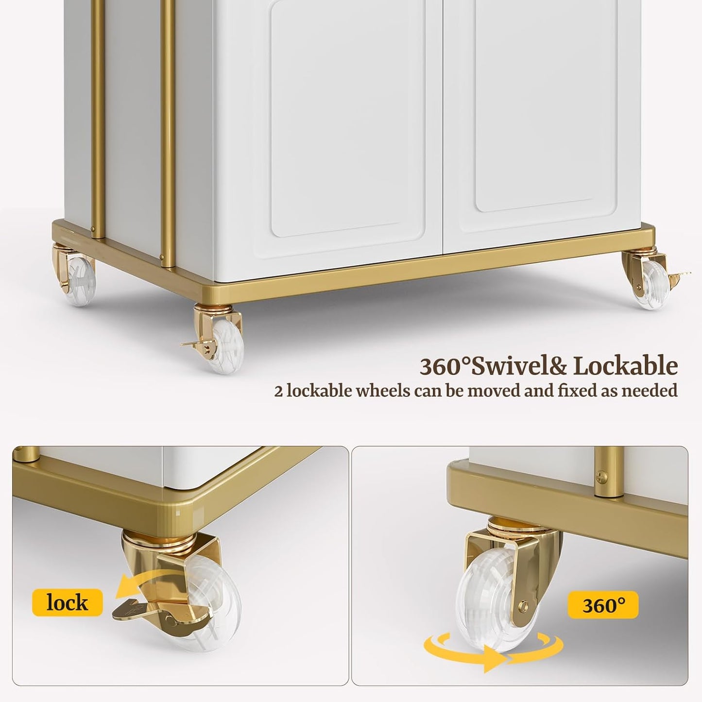 Salon Trolley Cart - Lockable Wheels & Storage Cabinet for Hair Stylists | White & Gold