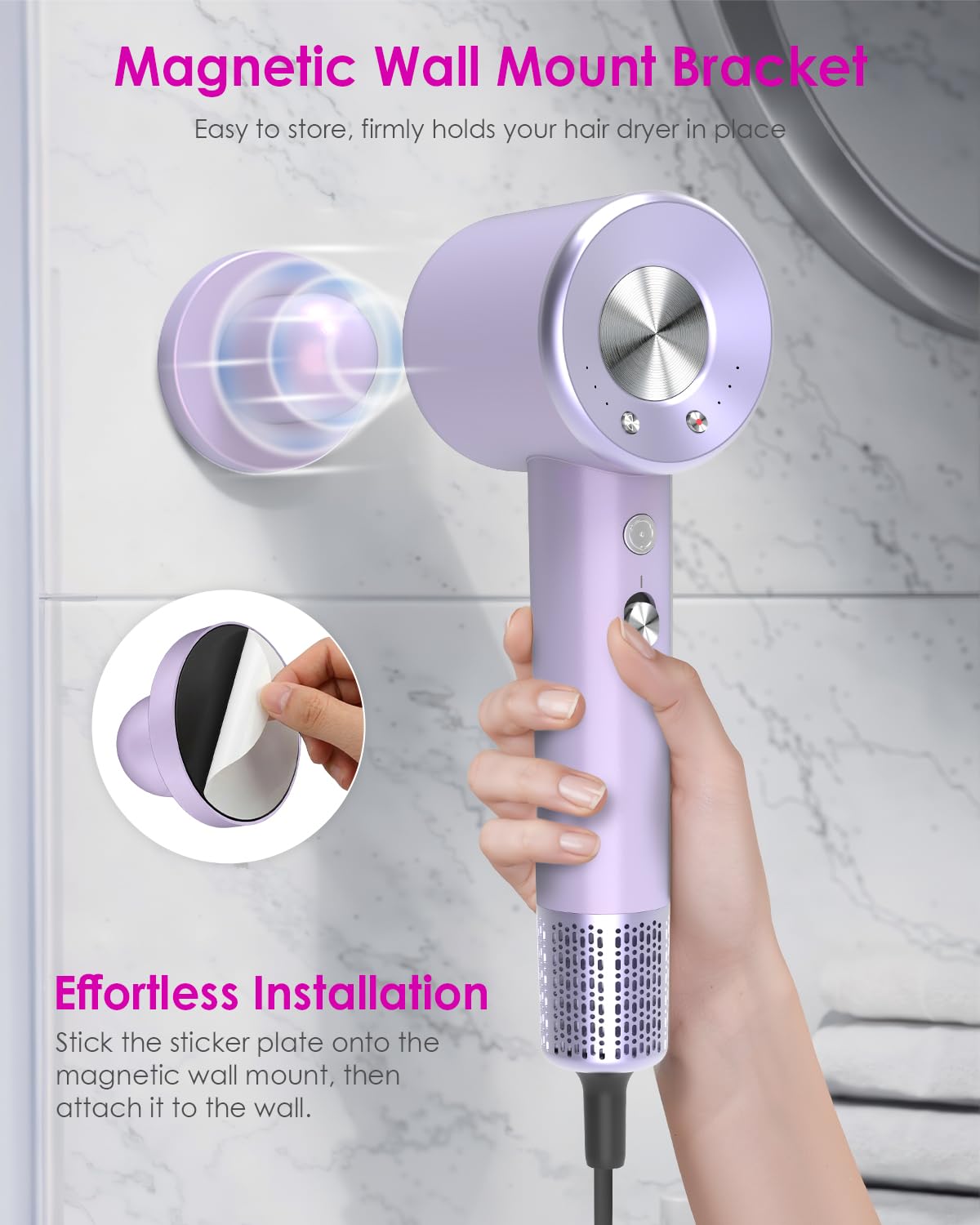 High Speed Ionic Professional Hair Blow Dryer,160000 RPM Powerful Fast Drying Travel Hairdryer Blowdryer with Magnetic Diffuser, Concentrator Nozzle & Wall Mount Bracket, 3 Speeds & 4 Temps, Purple