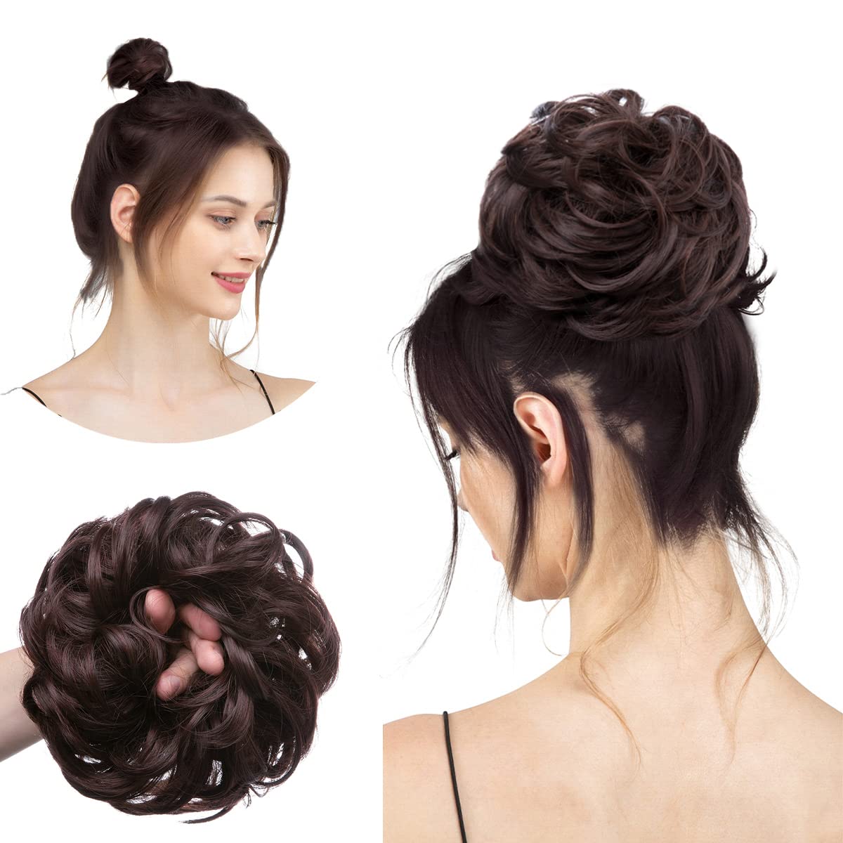 Large Messy Bun Hair Piece - Wavy Curly Synthetic Chignon Ponytail Extensions for Women | Dark Brown