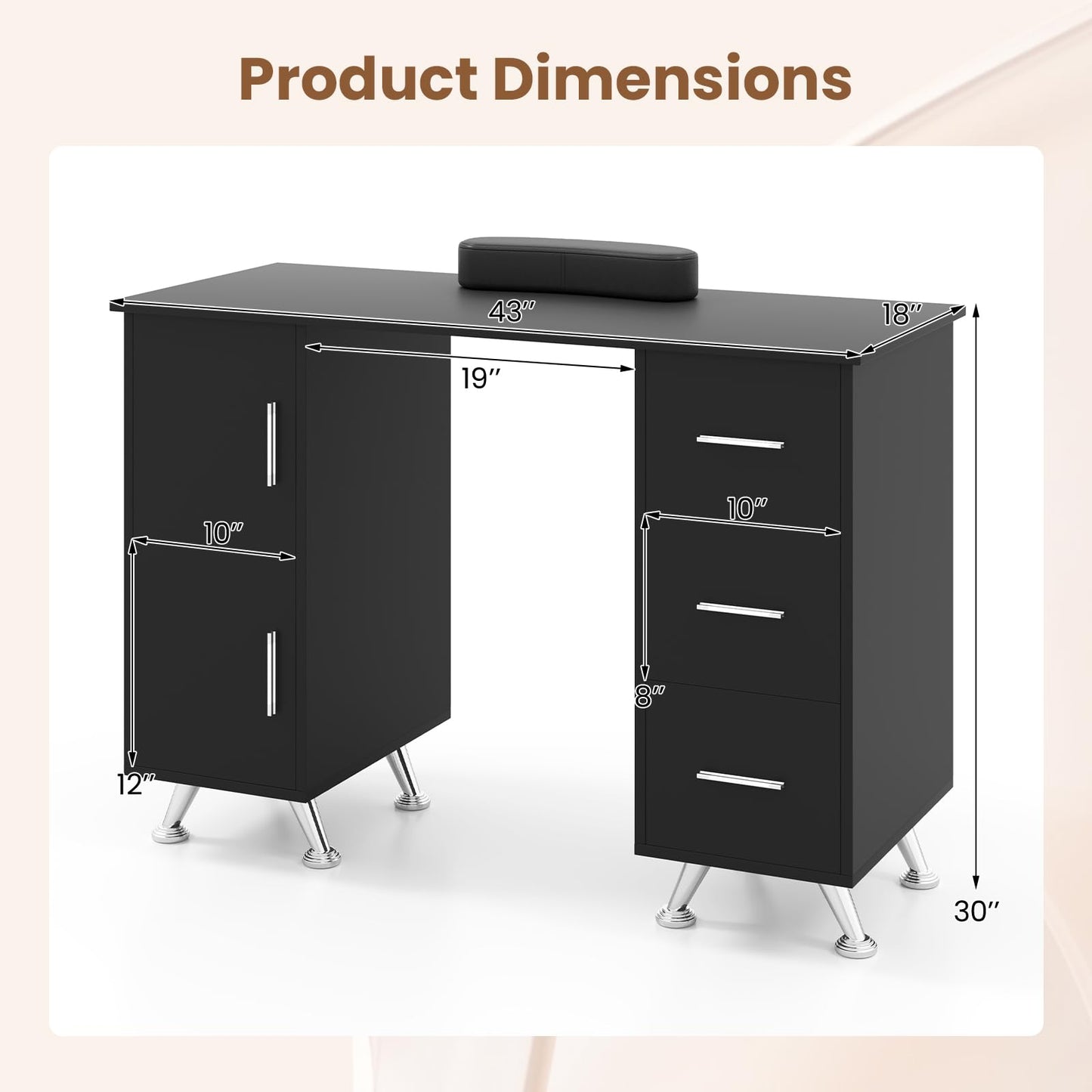 Giantex Manicure Table Nail Desk - Nail Table Station with 3 Drawers, 2 Storage Cabinet, Wrist Rest, Acetone Resistant Nail Art Workstation for Salon Beauty Home, Nail Desk for Nail Tech (Black)