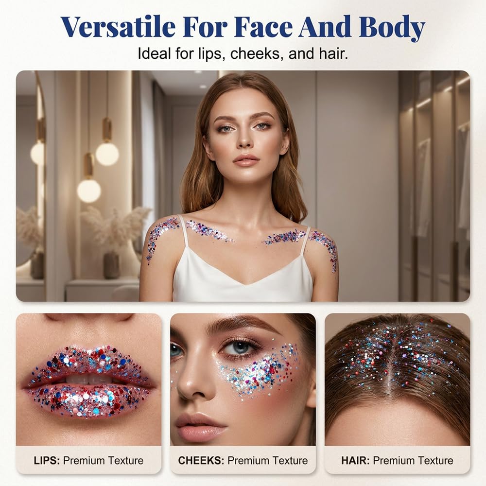 4th of July Glitter Stick, Patriotic Red White and Blue Face Hair Body Glitter Stick, 4th of July Outfits for Women Men, Sparkling Glitter Makeup Accessory for Independence Day (E,1pcs)
