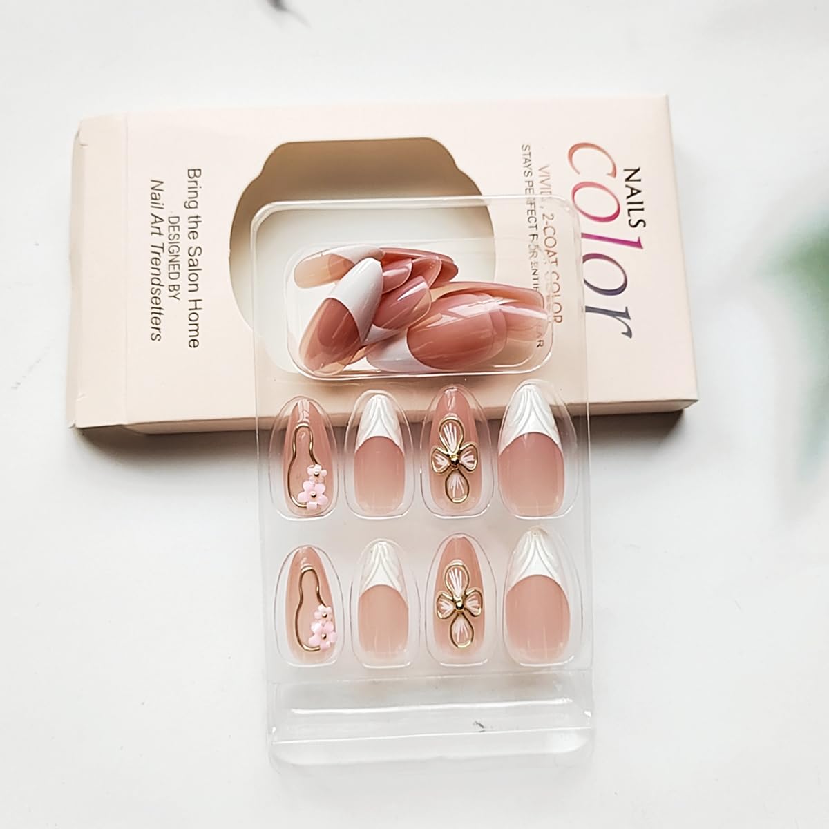 French Tip Press-On Nails - 24Pcs White Wave Almond Design | 3D Gold Foil & Pink Flowers