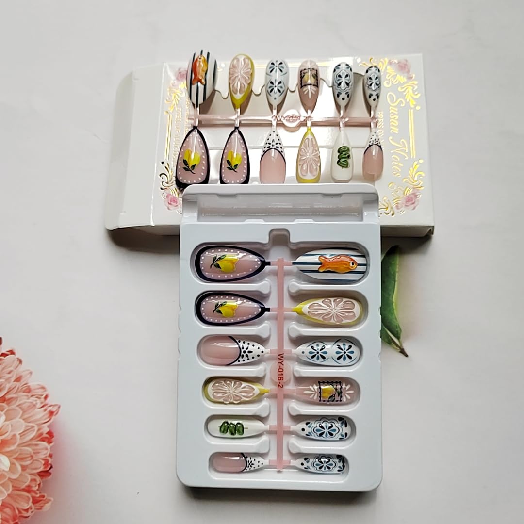 French Tip Press on Nails Almond Medium Fake Nails with 3D Goldfish Lemon Designs Summer Flower Nails Press ons Glossy Glue on Nail White Blue Yellow Acrylic Nail Spring Stick on Nails for Women 24Pcs