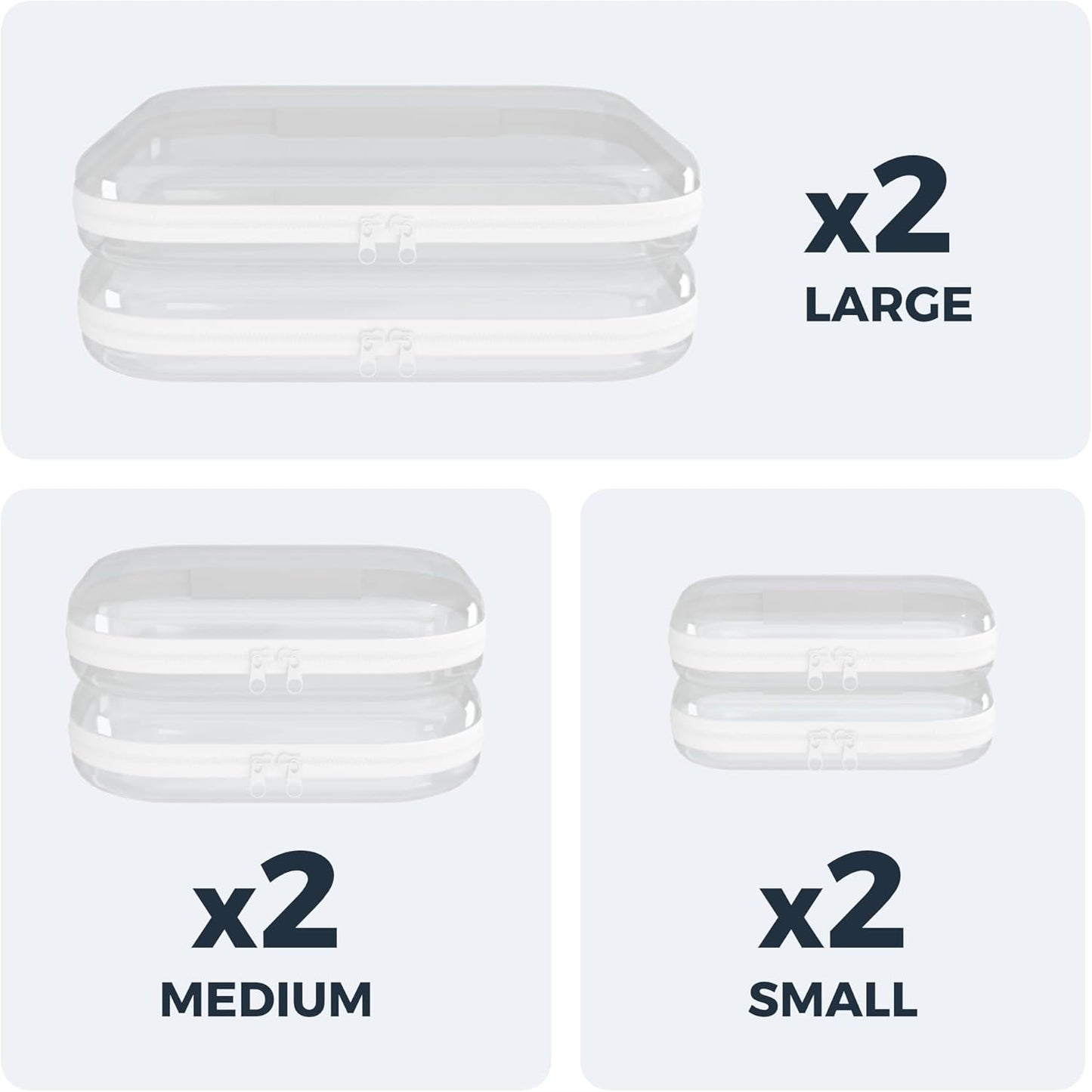 Heavy Duty Clear Hard Shell Zipper Case - 6 Pack Travel Makeup & Toiletry Organizer | Extra Large, Large, Medium, Small
