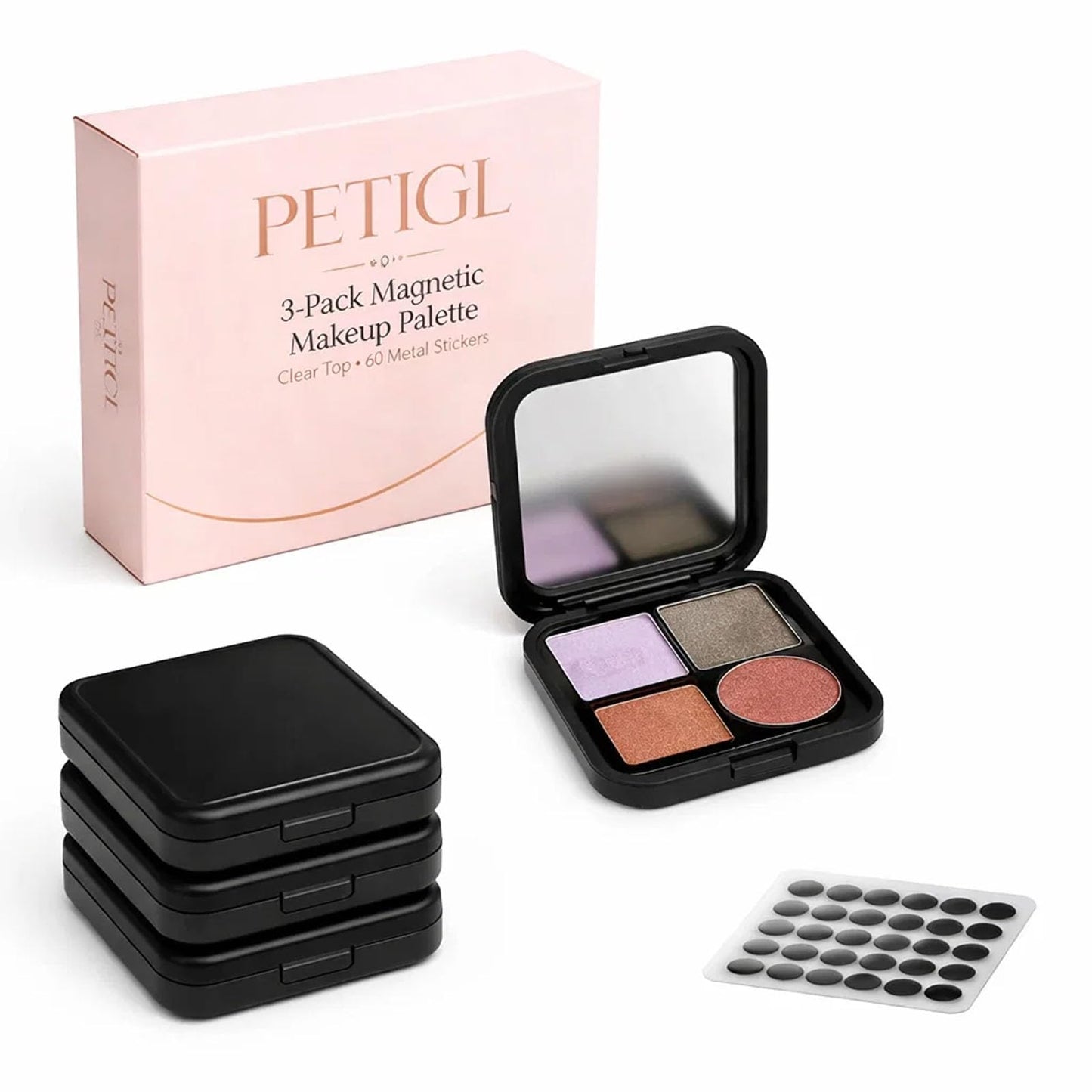 PETIGL Magnetic Makeup Palette, Empty Makeup Organizer Case with Adhesive Metal Stickers, Travel Makeup Storage for Eyeshadow Blush Lipstick Powder (Palette: 2.24”X2.52”)