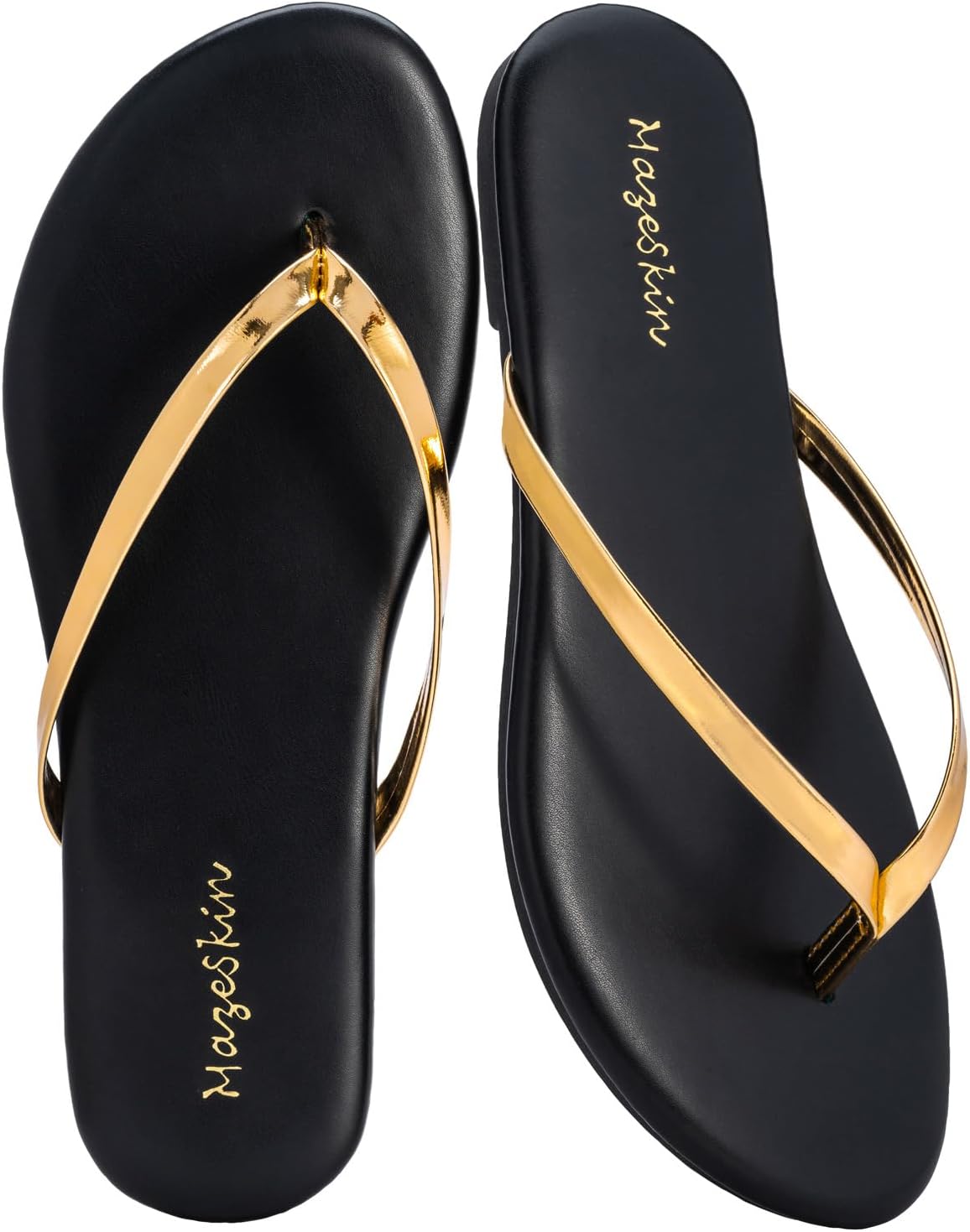 Mazeskin Women's Memory Foam Flat Thong Sandals - Comfortable Leather Slide Flip Flops for Summer Beach